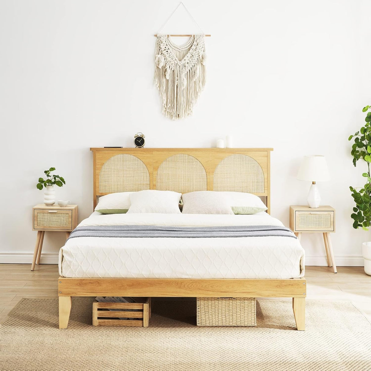 Queen Size Bed Frame with Rattan Headboard