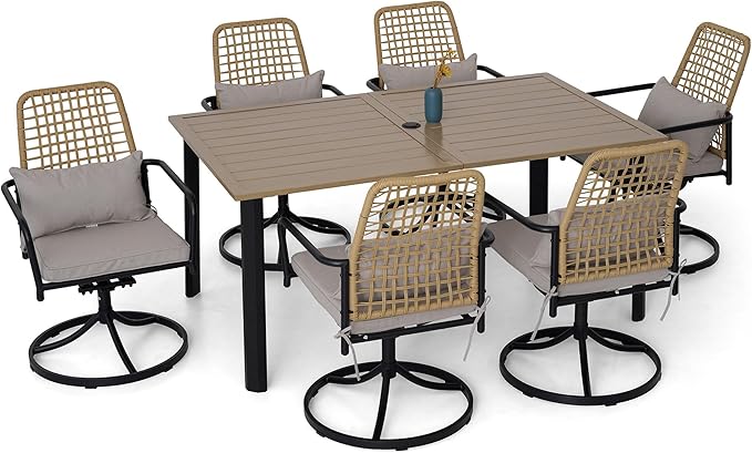 Stackable Rattan Patio Dining Chairs and and Rectangle Table Set of 6 with 63"x38" Wood-Like Table