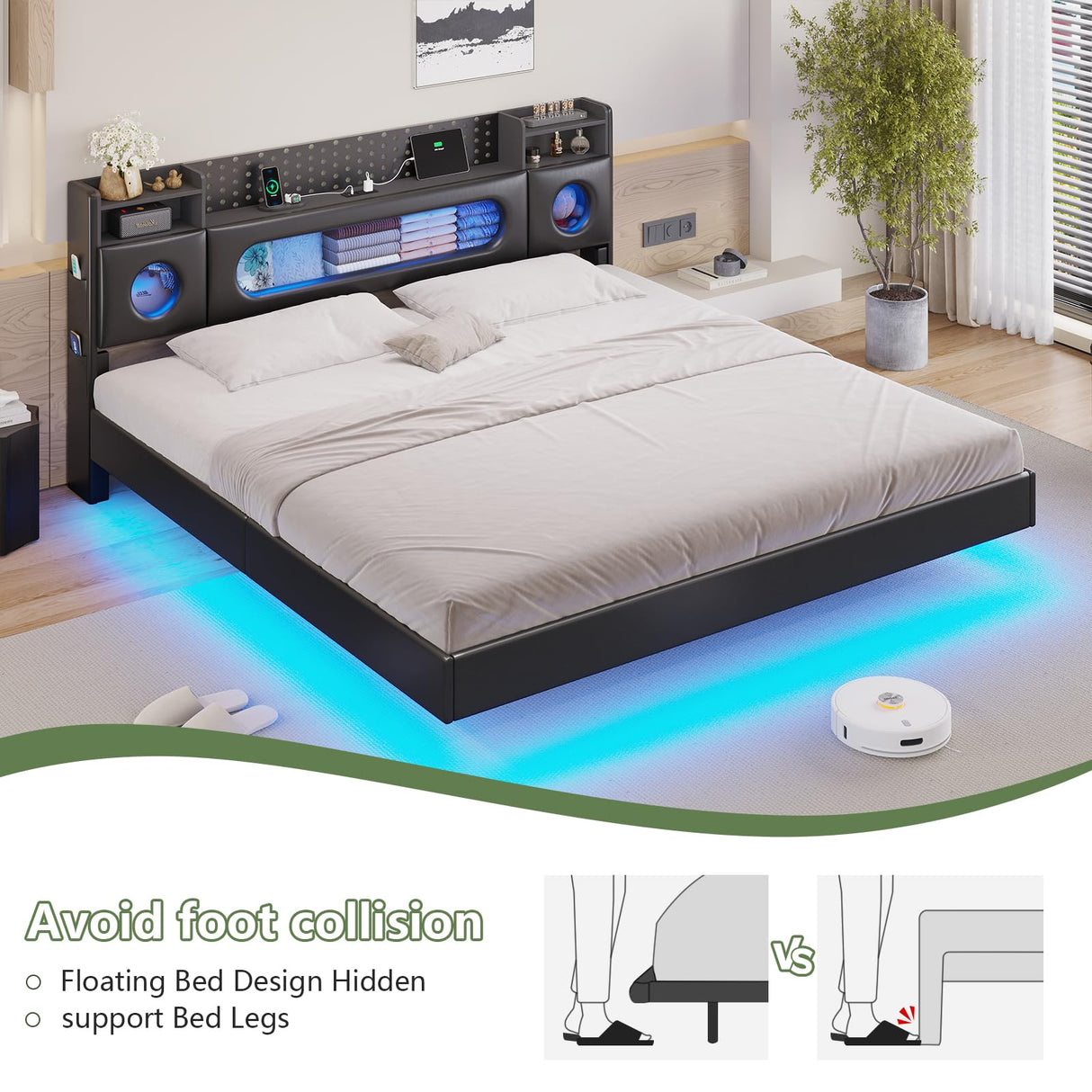 King Floating Bed Frame with LED Lights & Storage Headboard