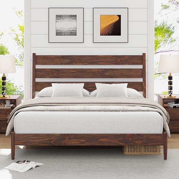 Solid Wood Bed Frame with Ergonomic Headboard, Full Size Mid Century Wooden