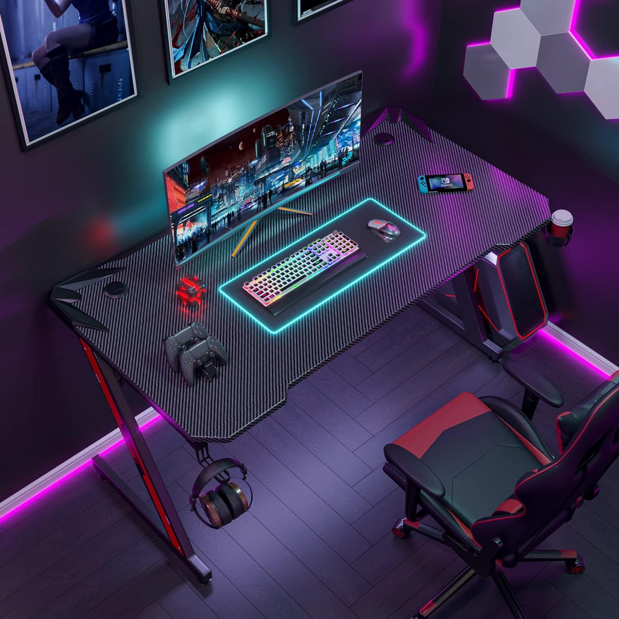 Gaming Desk 44 Inch Z Shaped Carbon Fiber Surface Desktop Computer Table with Cup Holder & Headphone Hook, Black