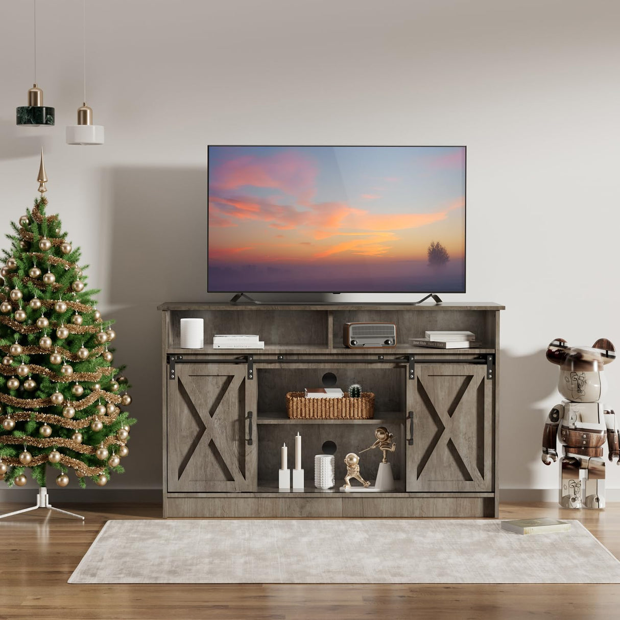 Farmhouse TV Stand for 65 Inch TV, TV Table and TV Console, TV Stands with Adjustable