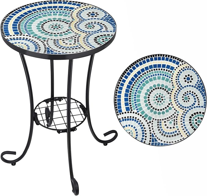 Outdoor Side Table Mosaic Patio Table Accent Tables Mosaic Tile Top Metal Frame Small