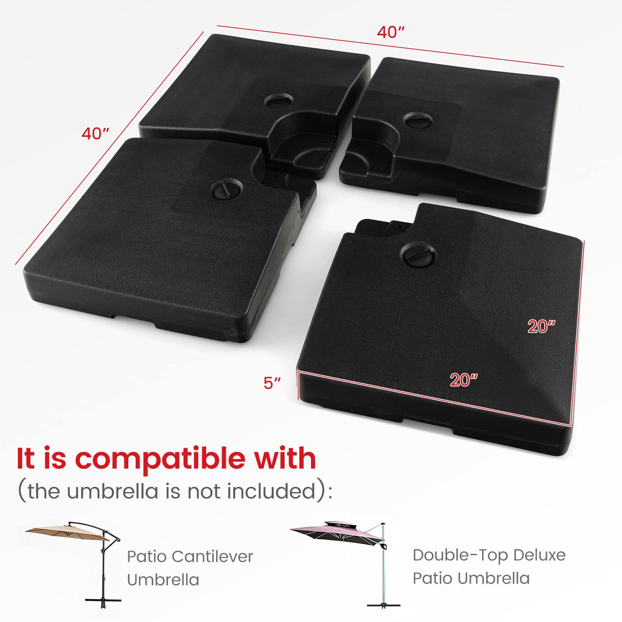 Giantex 284 lbs Fillable Offset Patio Umbrella Base, 4PCS Umbrella Stand Water Sand Weight for Cantilever Umbrella, Easy-Filling Spouts, Outdoor Market Umbrella Base Holder for Garden Yard Poolside