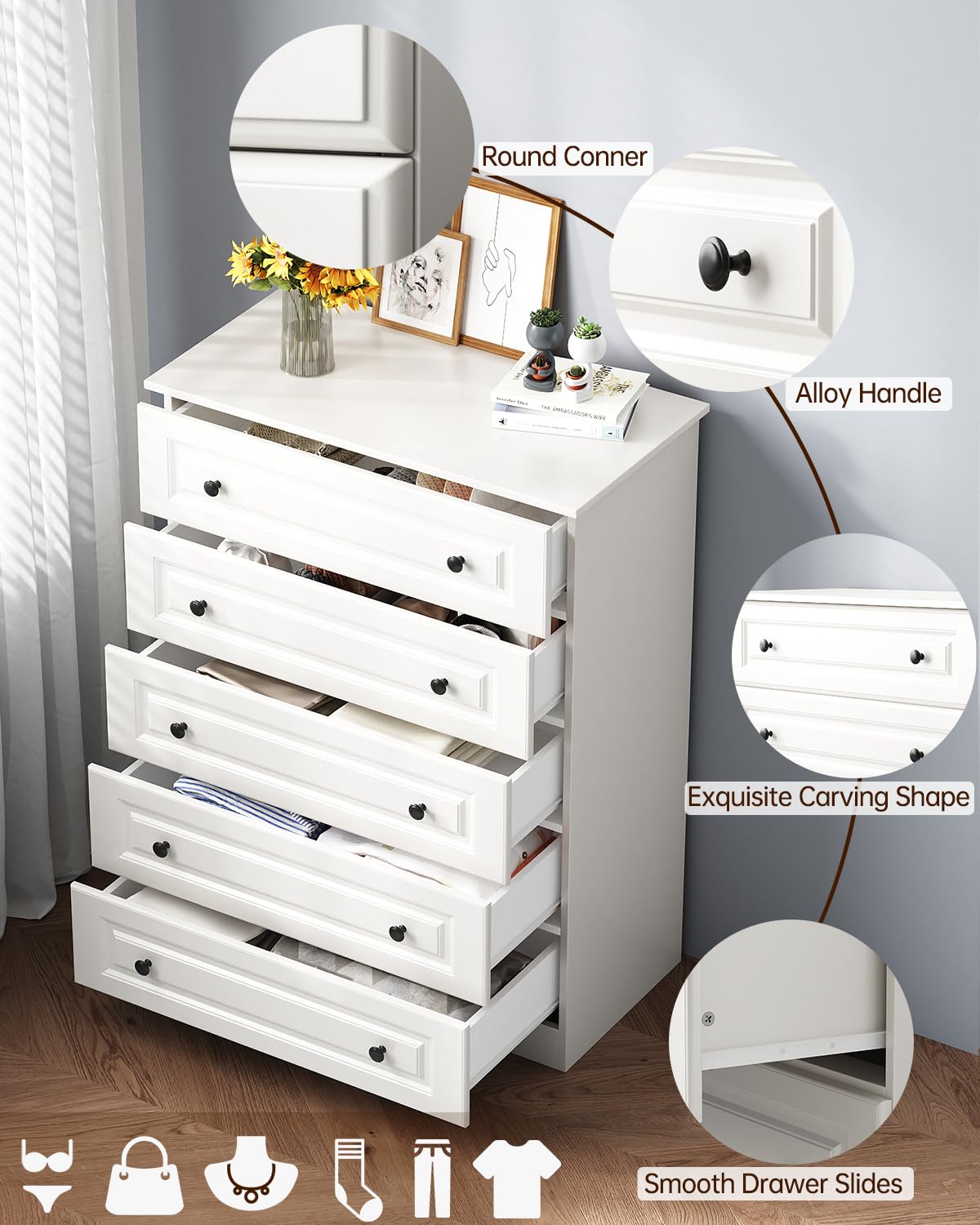 White 5-Drawer Tall Dresser with Wood Top, Modern Storage Tower for Bedroom, Closet, Living Room, Entryway, Hallway