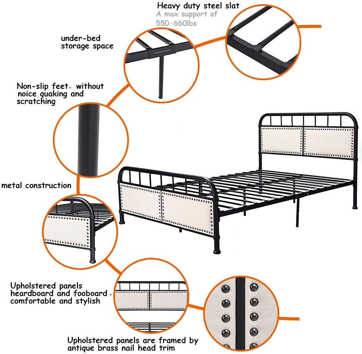 Metal Bed Frame, Full Size Bed Platform with Comfortable Upholstered Headboard
