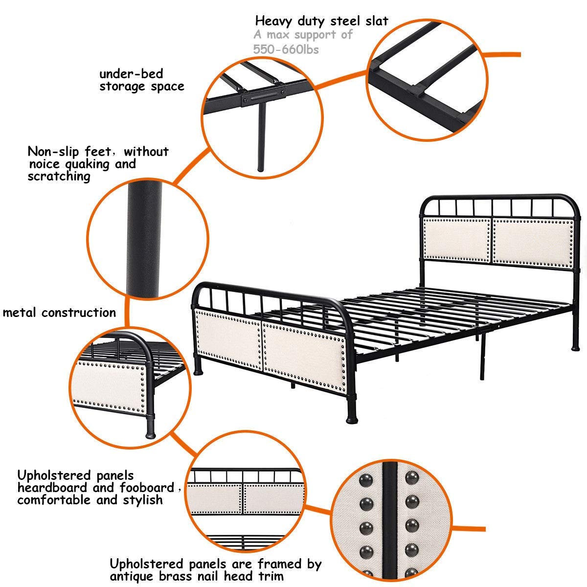 Metal Bed Frame, Full Size Bed Platform with Comfortable Upholstered Headboard