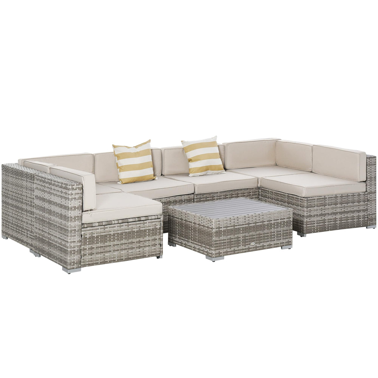 7-Piece Patio Furniture Set, Outdoor Wicker Conversation Set, All Weather PE Rattan Sectional Sofa Set with Cushions and Faux Wood Table, Stripe Pillows, Beige