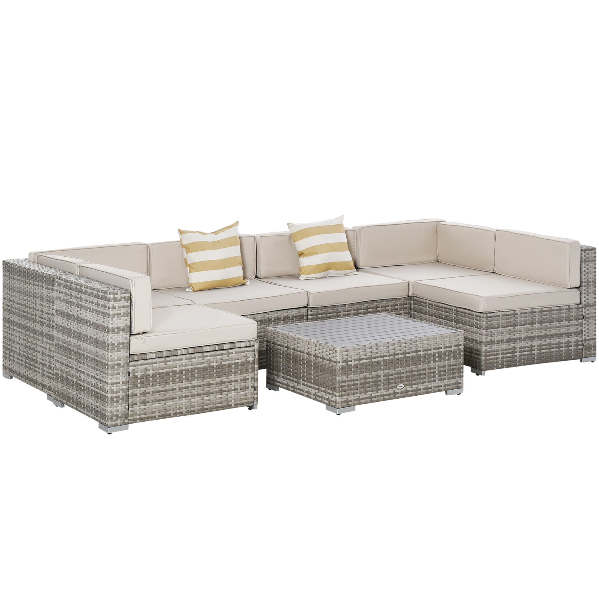 7-Piece Patio Furniture Set, Outdoor Wicker Conversation Set, All Weather PE Rattan Sectional Sofa Set with Cushions and Faux Wood Table, Stripe Pillows, Beige
