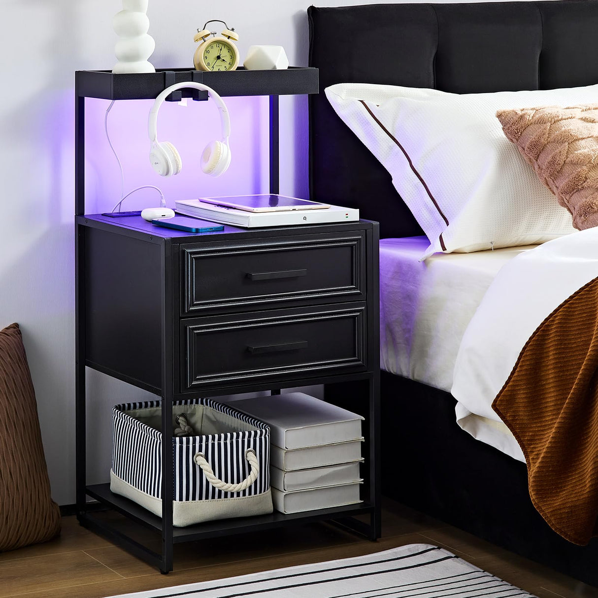 Nightstand with Charging Station, Black Night Stand with Drawers, End Tables Bedroom