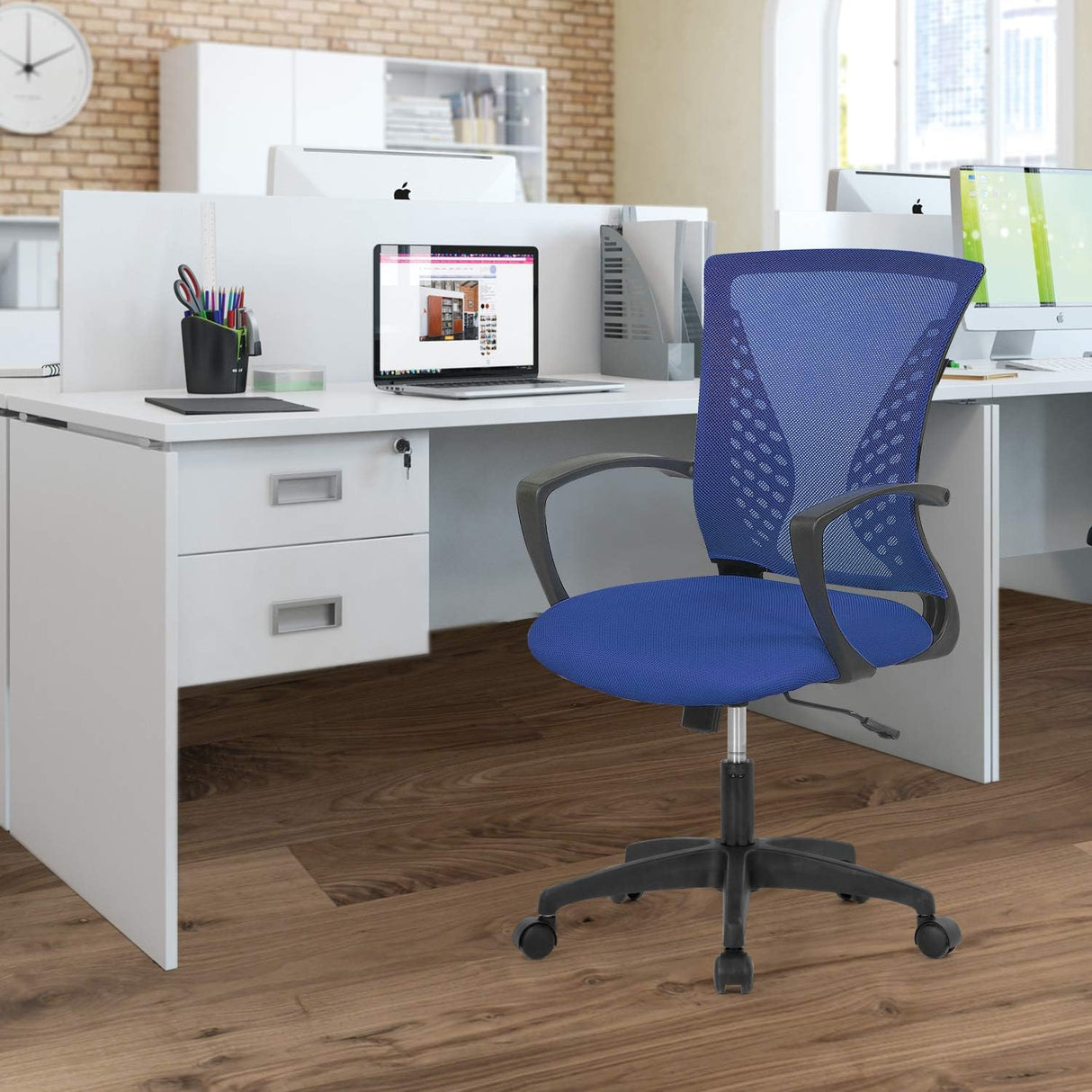 Mesh Computer Chair, Computer Chair with Lumbar Support & Arms,Height Adjustable Rolling Swivel Computer Chair, Home Office Chair Mid Back Task Chair, 250Lbs Home Office Chair for Adult, Blue