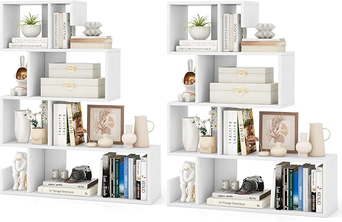 Shaped Bookshelf, 5-Tier Modern Geometric Stepped Bookcase with Anti-Tipping Kits, Freestanding Corner Ladder Display Rack for Living Room Home Office (1, Black)