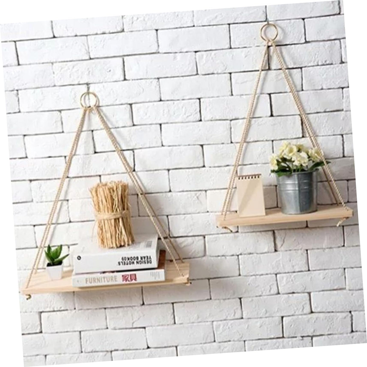 Hanging Flower Pot Storage Rack Wooden Sling Shelf Ropes for Home Wall Decor