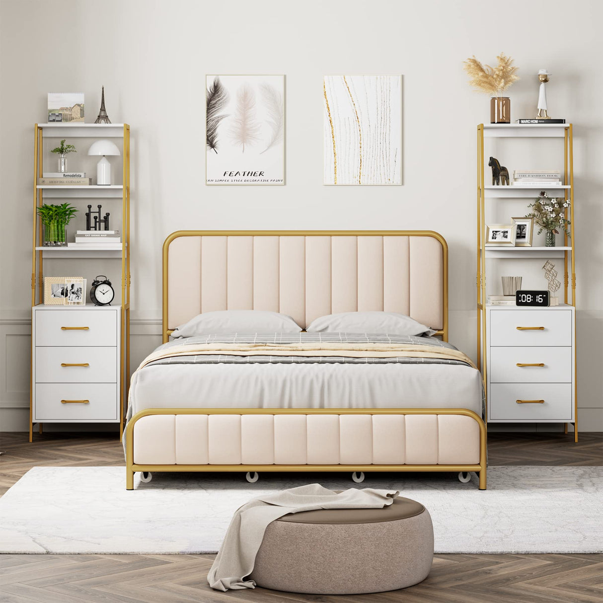 4-Tier Bookshelf, Tall Bookcase with 3 Wooden Drawers, Modern Ladder Book Shlef Storage Organizer for Living Room, Entryway, Office, White Gold