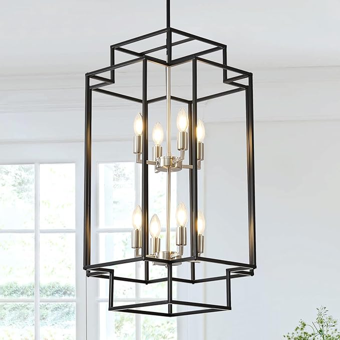 8-Lights Lantern Tiered Pendant Light Fixtures, Black and Silver Foyer Lighting Fixtures