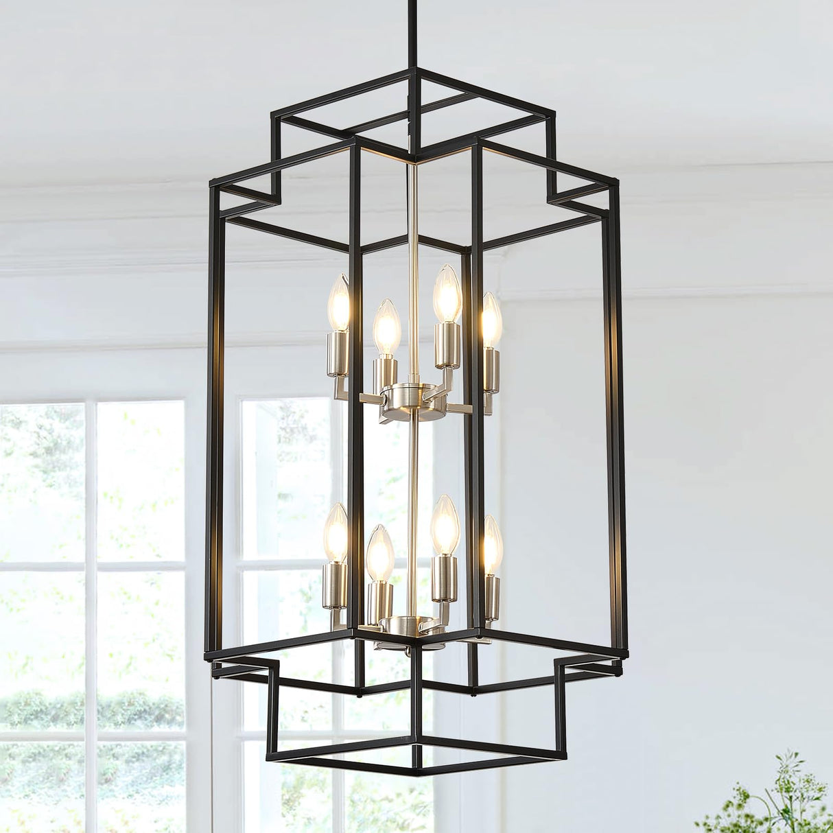 8-Lights Lantern Tiered Pendant Light Fixtures, Black and Silver Foyer Lighting Fixtures