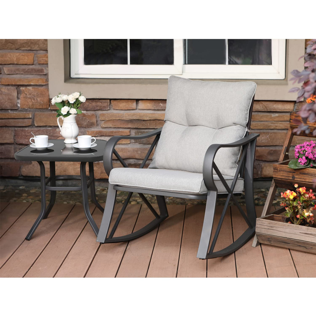 3 Piece Bistro Set Patio Rocking Chairs Outdoor Furniture w Warm Gray Cushions
