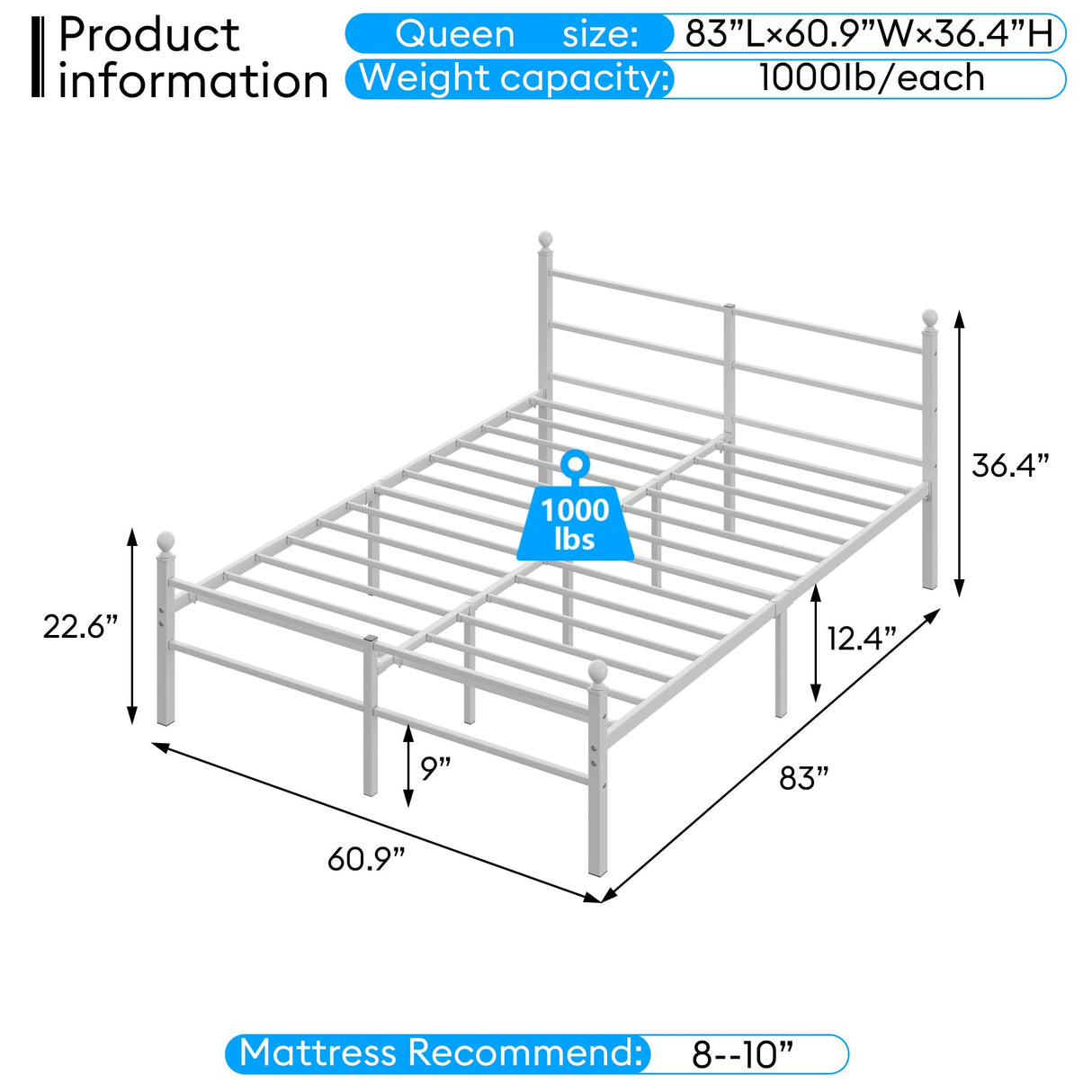 Queen Metal Platform Bed Frame with LED Lights & Charging Station