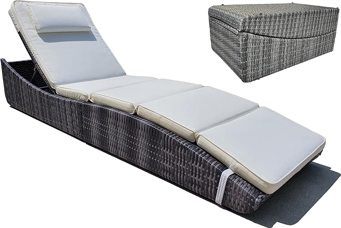 Set of 2, Foldable Outdoor Chaise Pool Lounge Chairs Folding Wicker Rattan Sun Bed Patio Couch