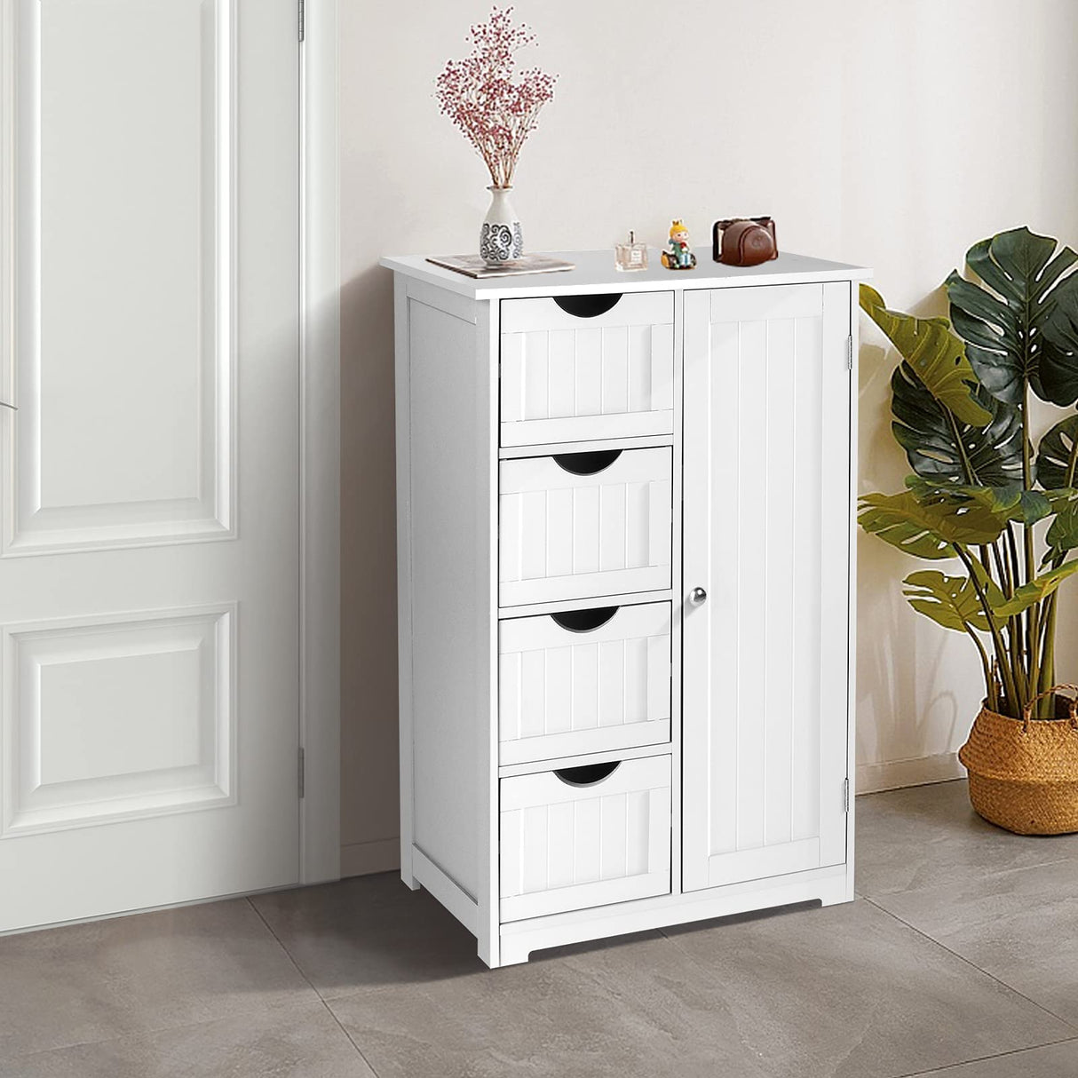 Storage Cabinet Wooden Bathroom Floor Cabinet Small Space Furniture White Side Storage Organizer