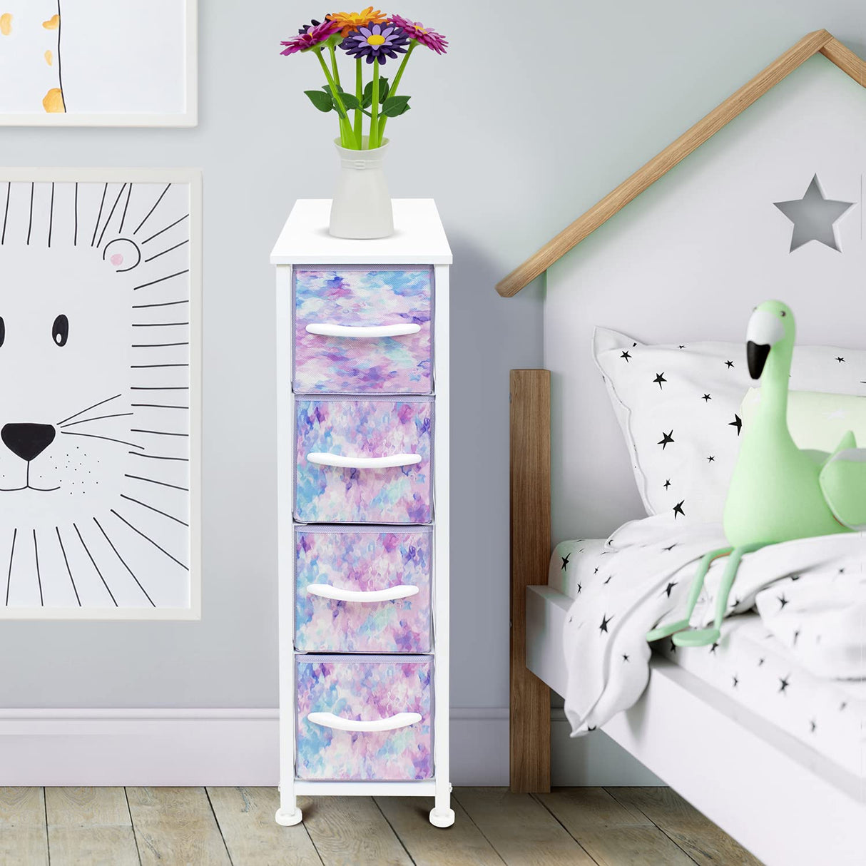 Sorbus Kids Narrow Dresser with 4 Drawers - Vertical Slim Storage Chest of Drawers with Steel Frame, Wood Top & Easy Pull Fabric Bins for Small Spaces, Closets, Bedroom, Bathroom & Laundry