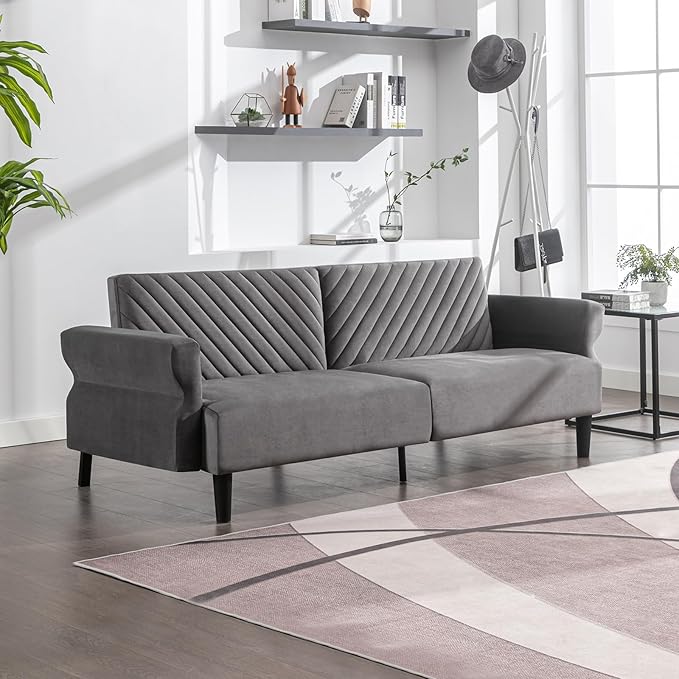 78''Futon Sofa with Ajustable Armrest, 3 Seat Convertible Sofa Bed Couch