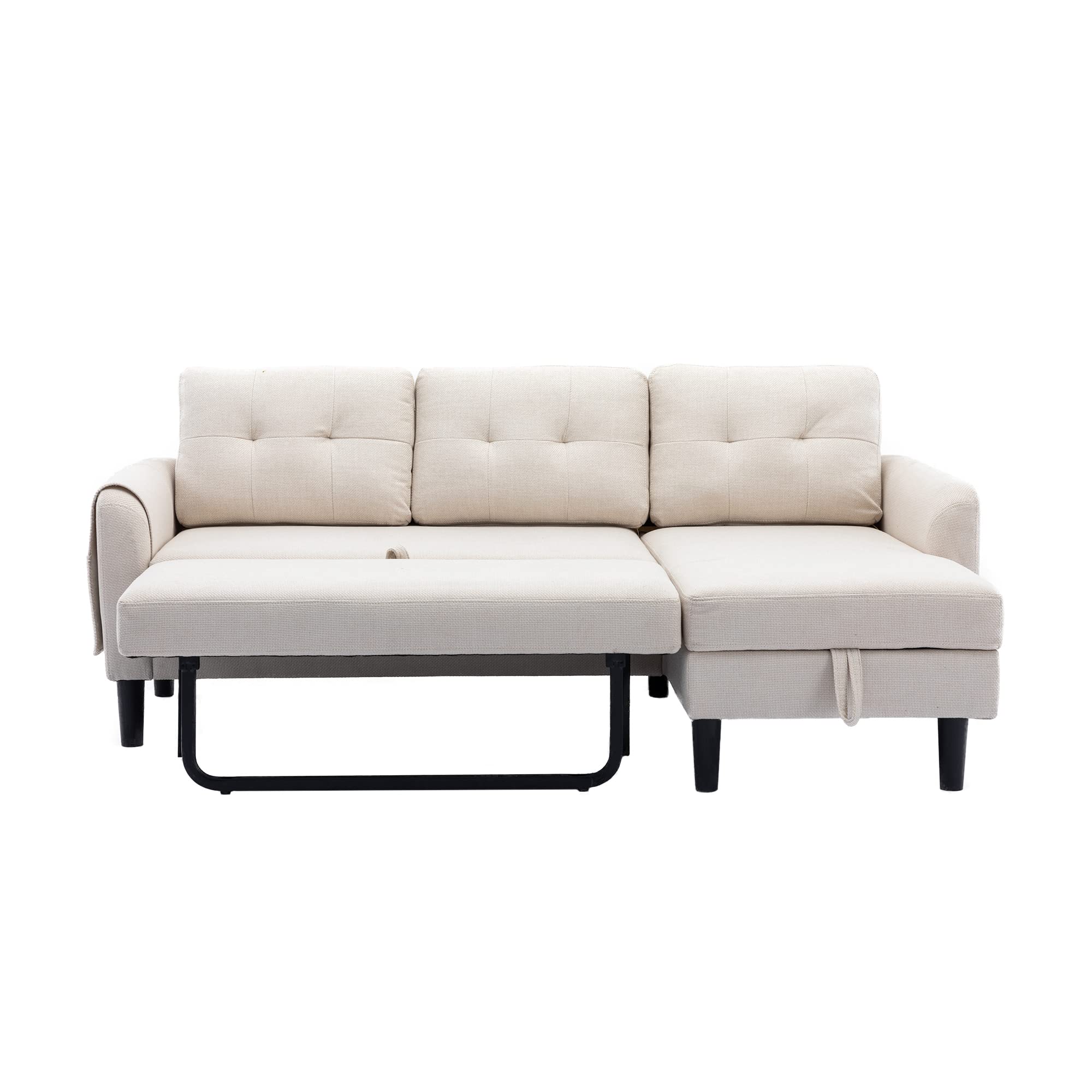Sofa Bed with Reversible Chaise Longue, Beige Modern L-Shaped Couch