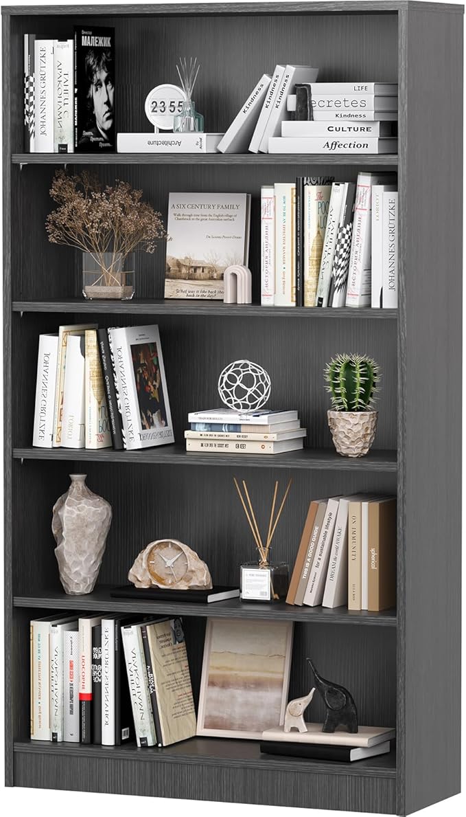 5 Shelf Bookcase,60 Inch Wood Tall Bookshelves for Living Room,Black