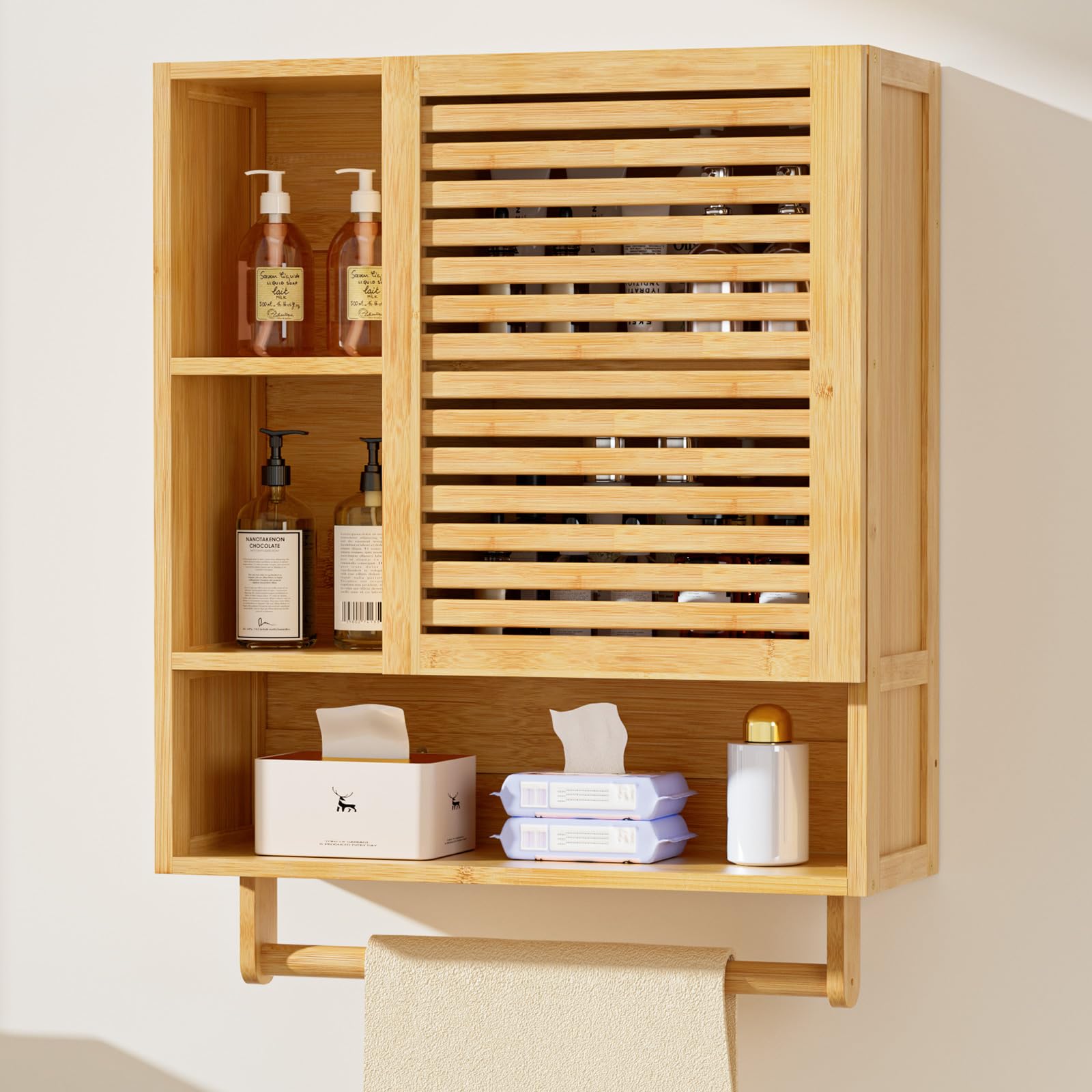 Bamboo Bathroom Cabinet Wall with Towels Bar, Medicine Organizer with Open Compartment