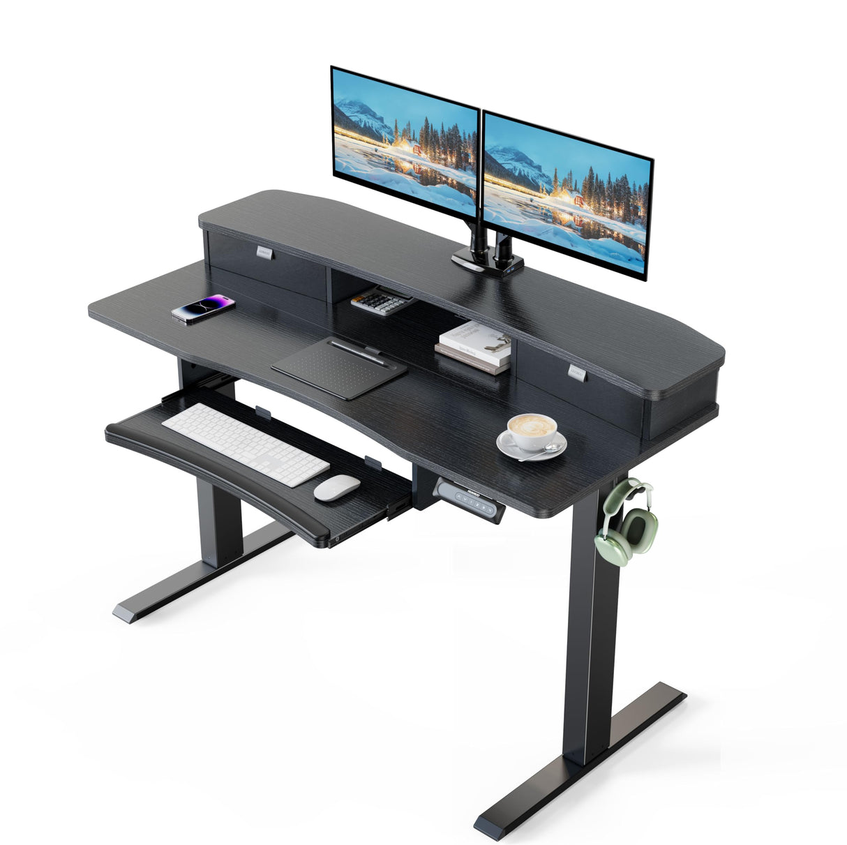 48" x 26" Electric Standing Desk with 2 Drawers & 26.7" Large Keyboard Tray, C-Clamp Mount Compatible, Adjustable Computer Desk for Home Office, Stand Up Desk with 4 Height Presets, Black