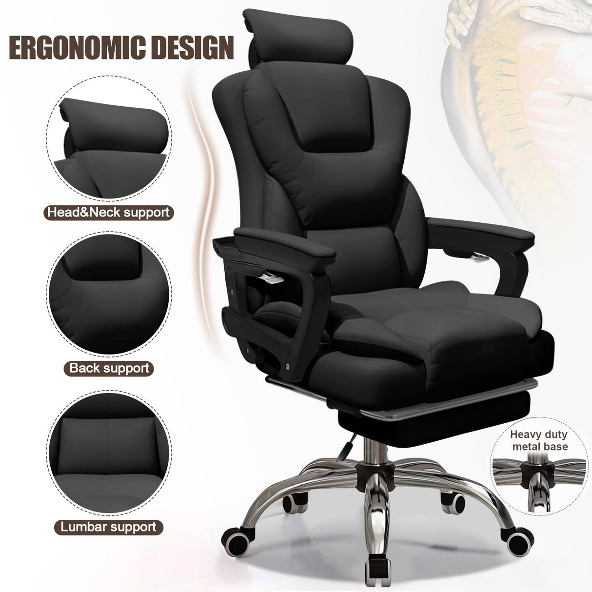 HDHNBA Office Chair Big and Tall Computer Gaming Chairs with Foot Rest Comfortable Lumbar Support Ergonomic High Back Reclining Desk Chairs PU leather Executive Office Work Chair, Black