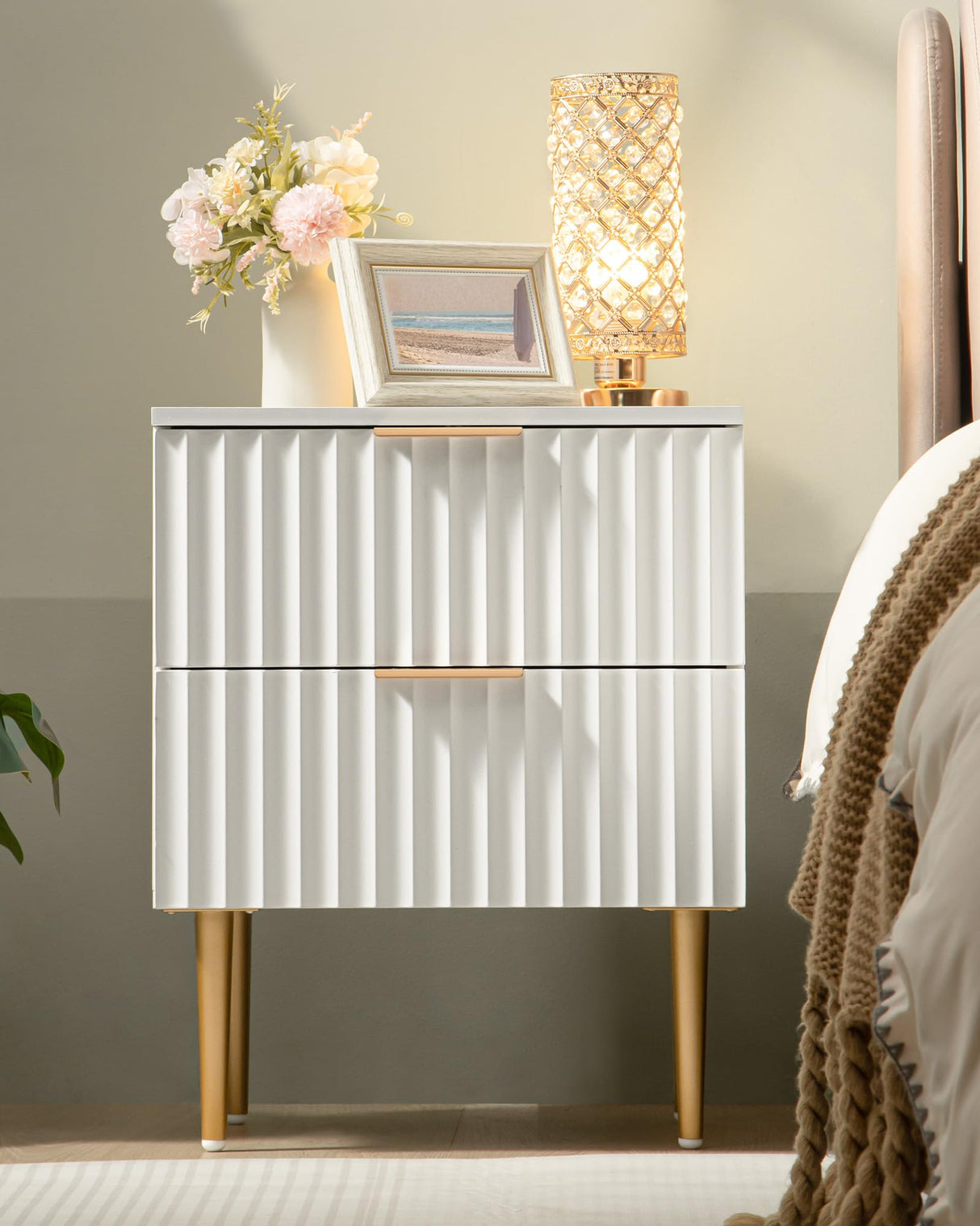 White Night Stand Set 2, Wide Fluted Nightstand