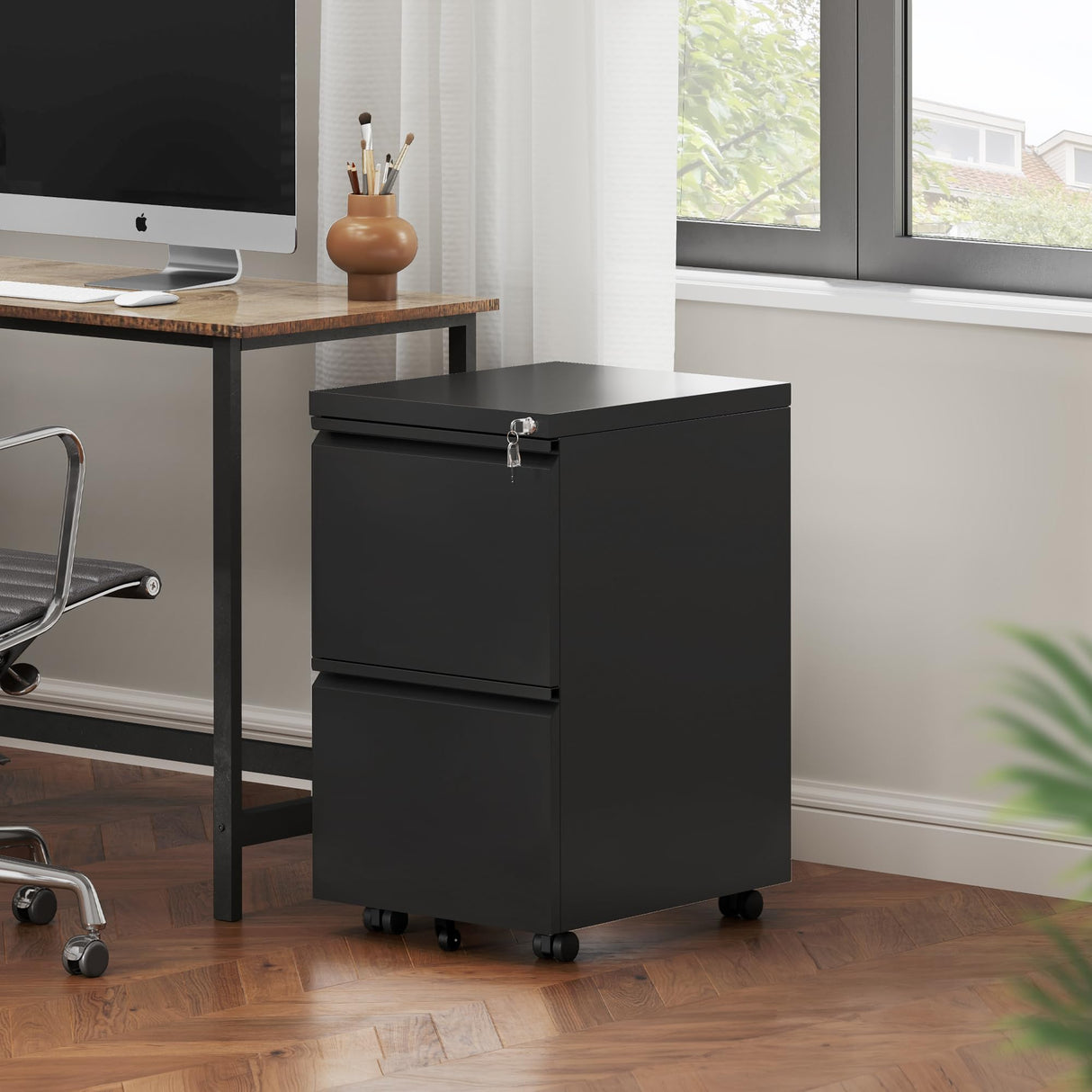 2 Drawer File Cabinet with Lock, 20” Deep Office Vertical Files, Mobile Metal Filing Cabinet