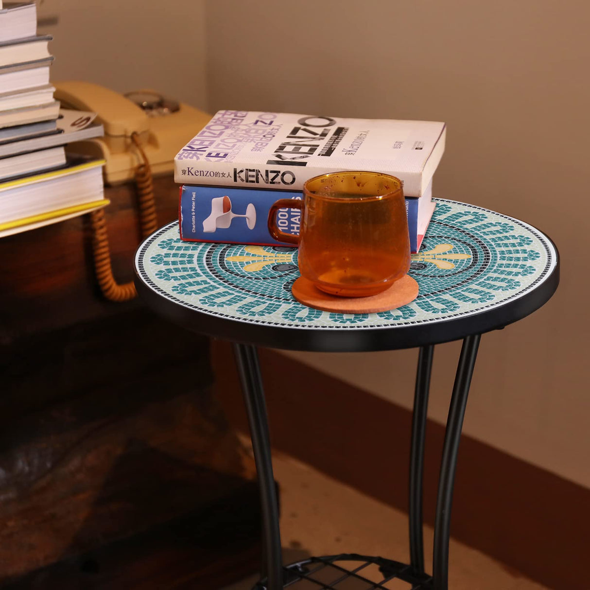 Outdoor Side Table Mosaic Patio Table Accent Tables Mosaic Tile Top Metal Frame Small