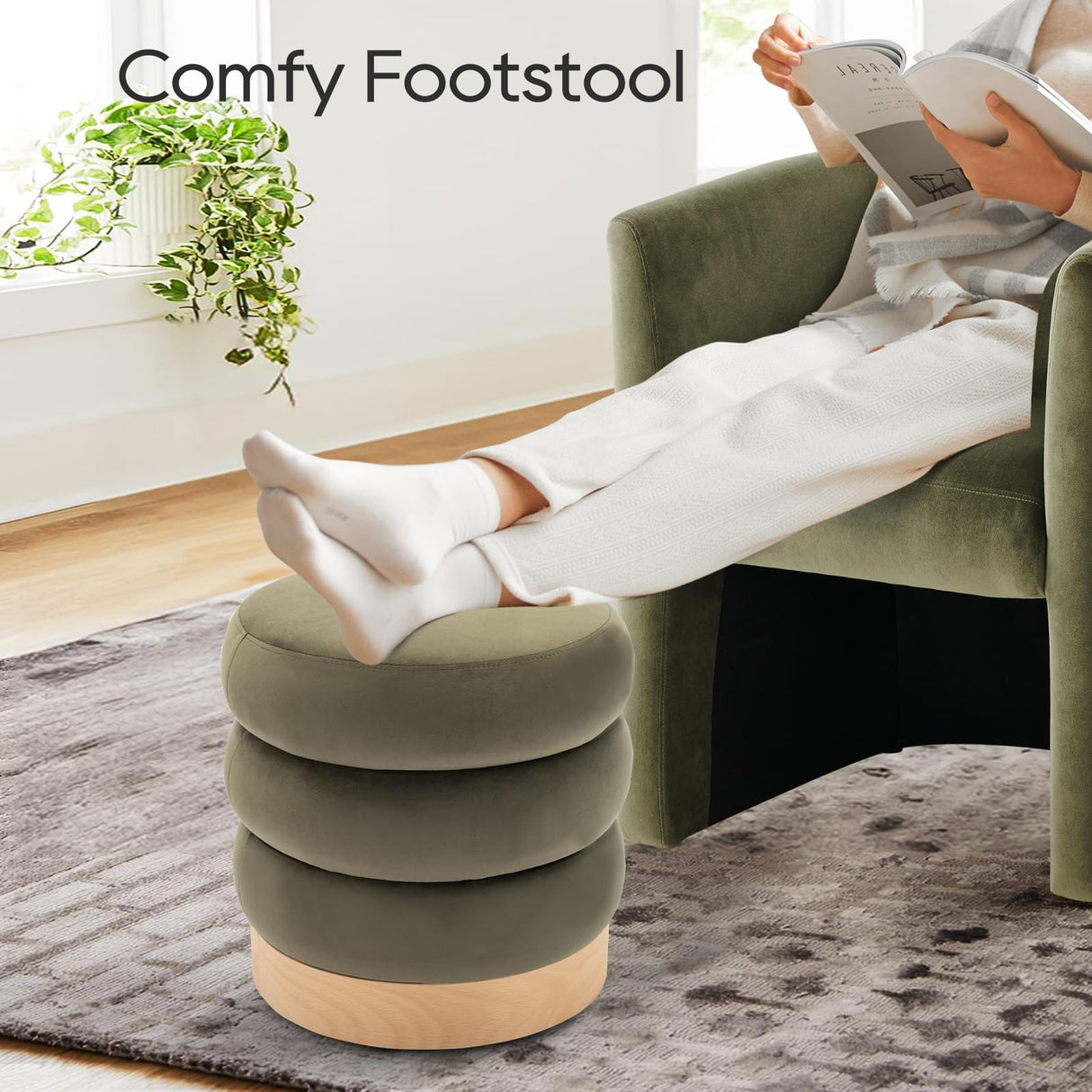 Velvet Ottoman Footstool, Tufted Modern Foot Rest Stool with Wood Base