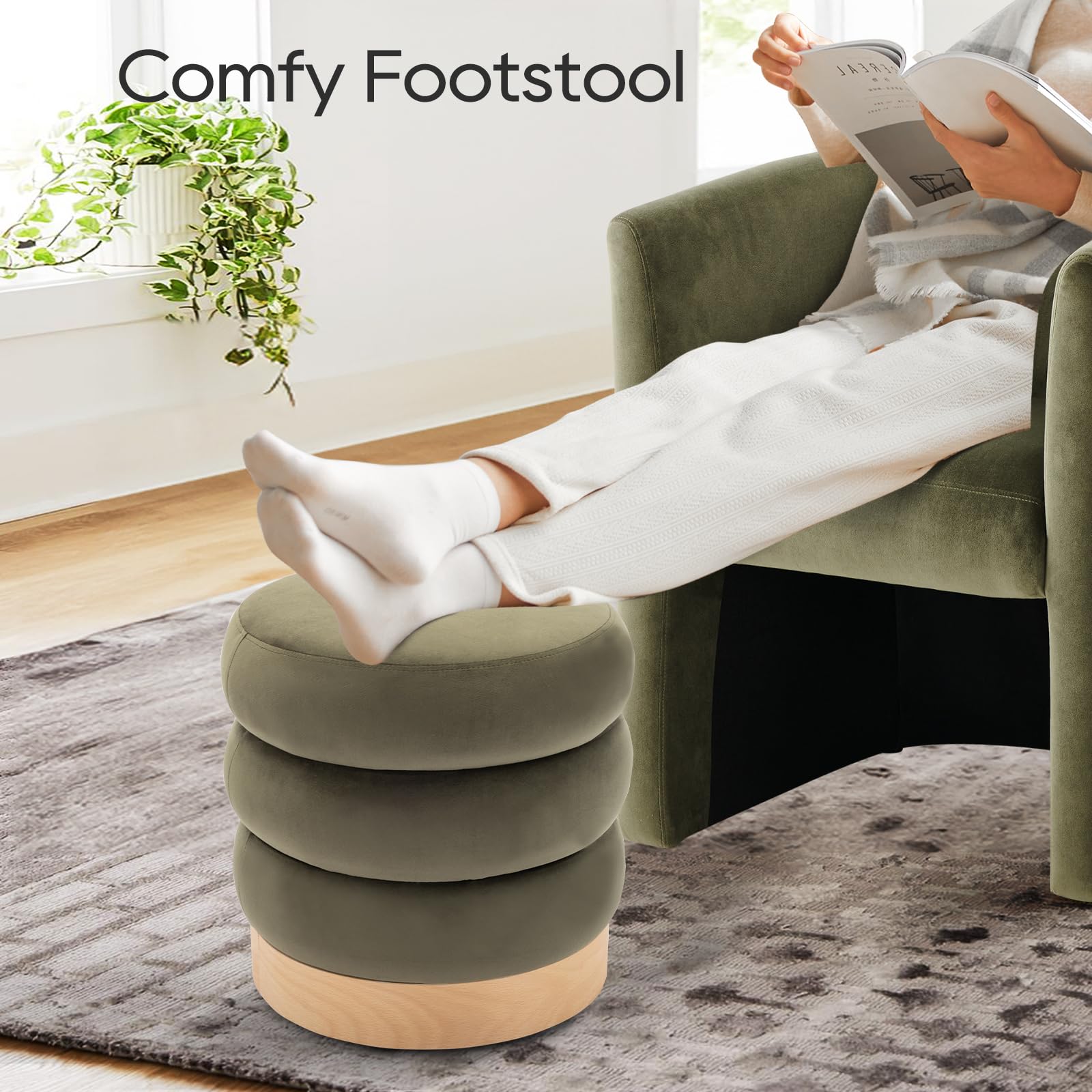 Velvet Ottoman Footstool, Tufted Modern Foot Rest Stool with Wood Base