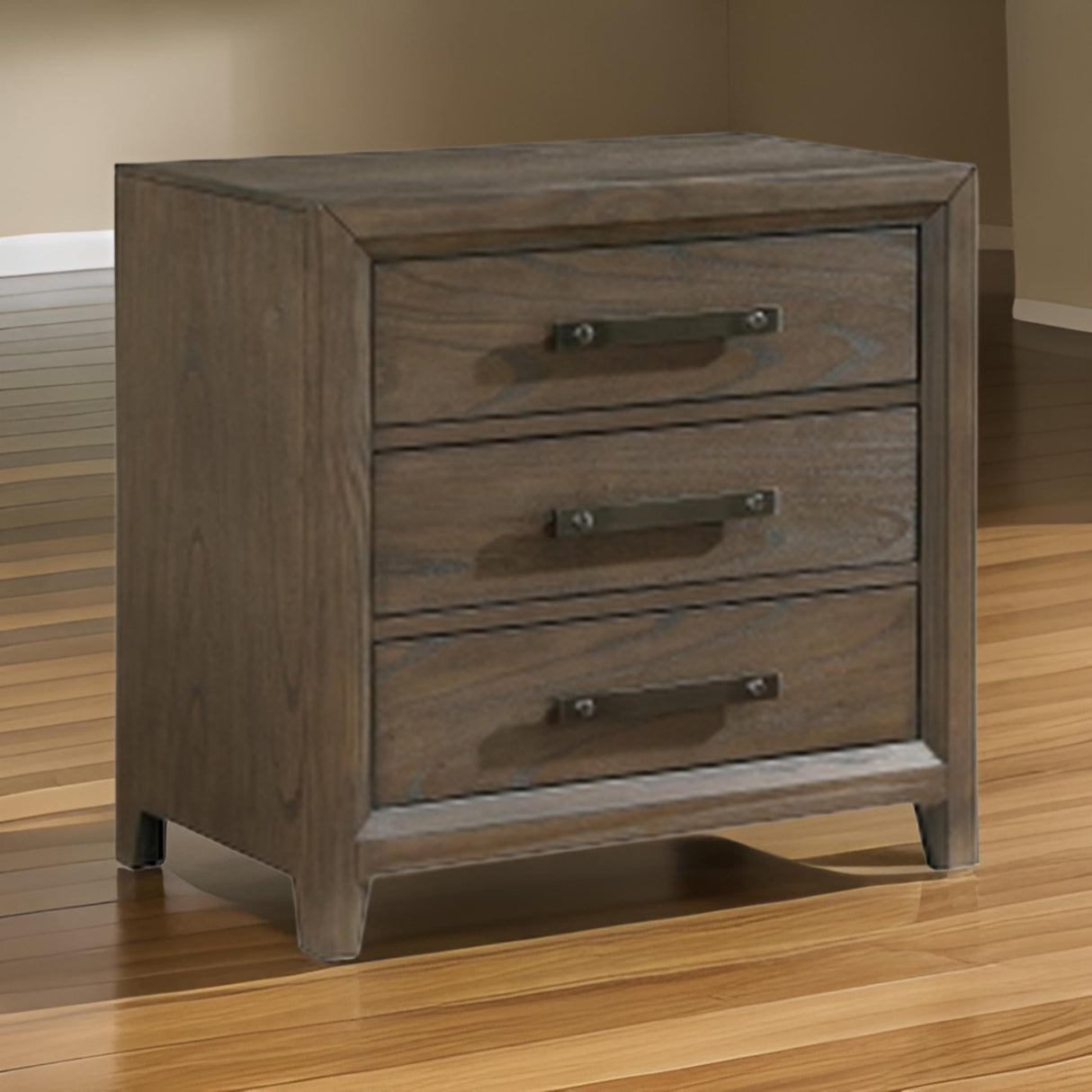 27 Inch Nightstand, 3 Drawers, Handles, Brushed Walnut, Brown, Black and Nickel