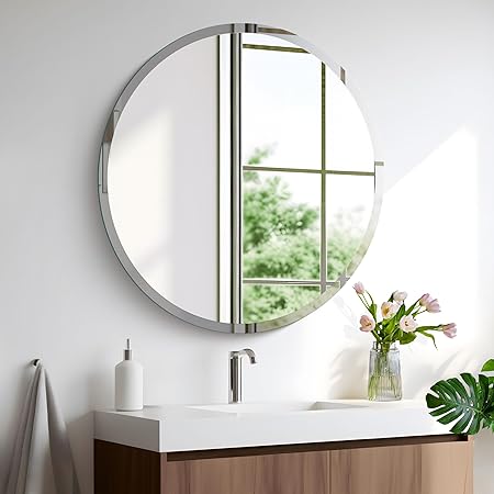 Frameless Round Mirror, 42 inch Beveled Bathroom Mirrors