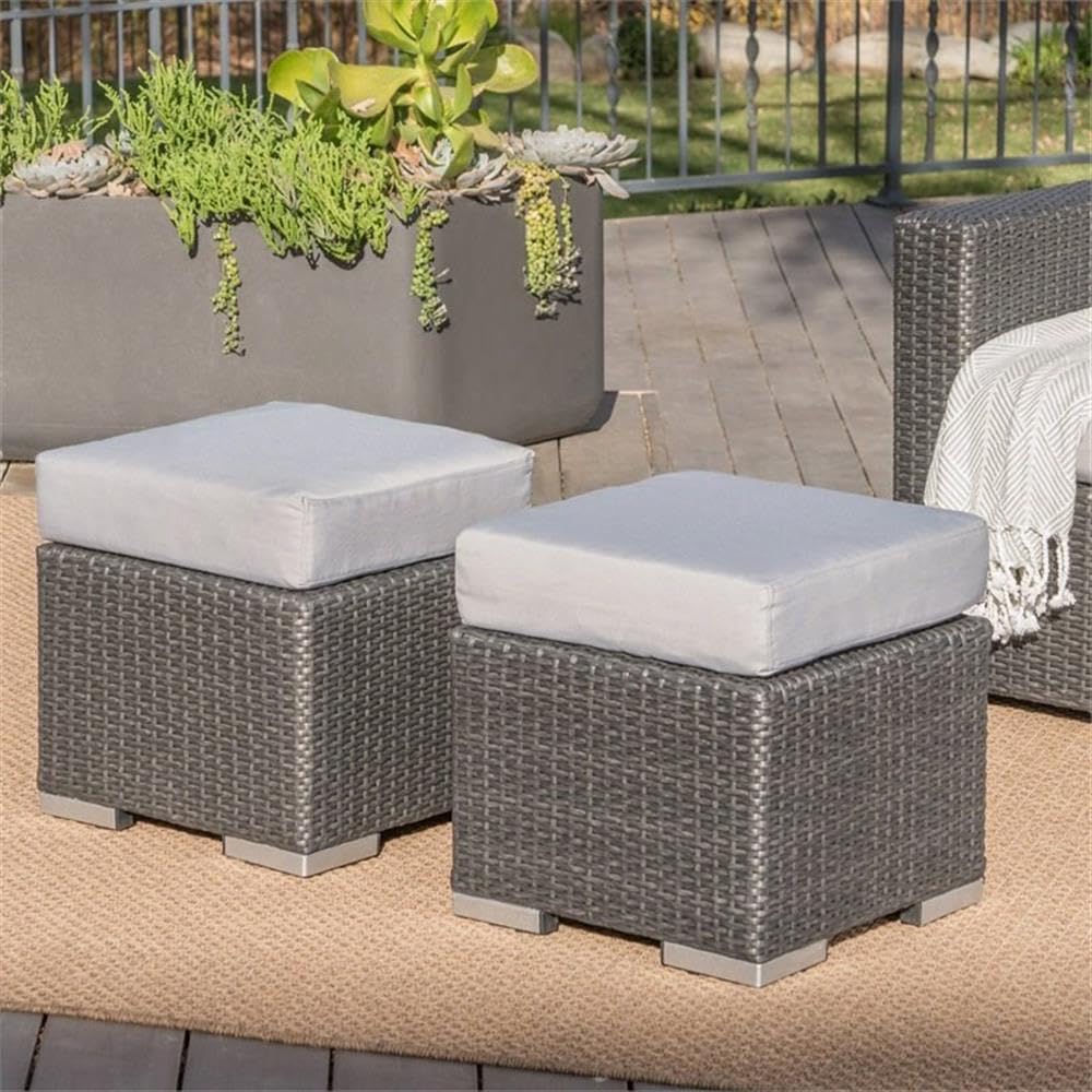 Noble House Santa Rosa 16" Grey Wicker Ottoman Seat w/Silver Cushion (Set of 2)