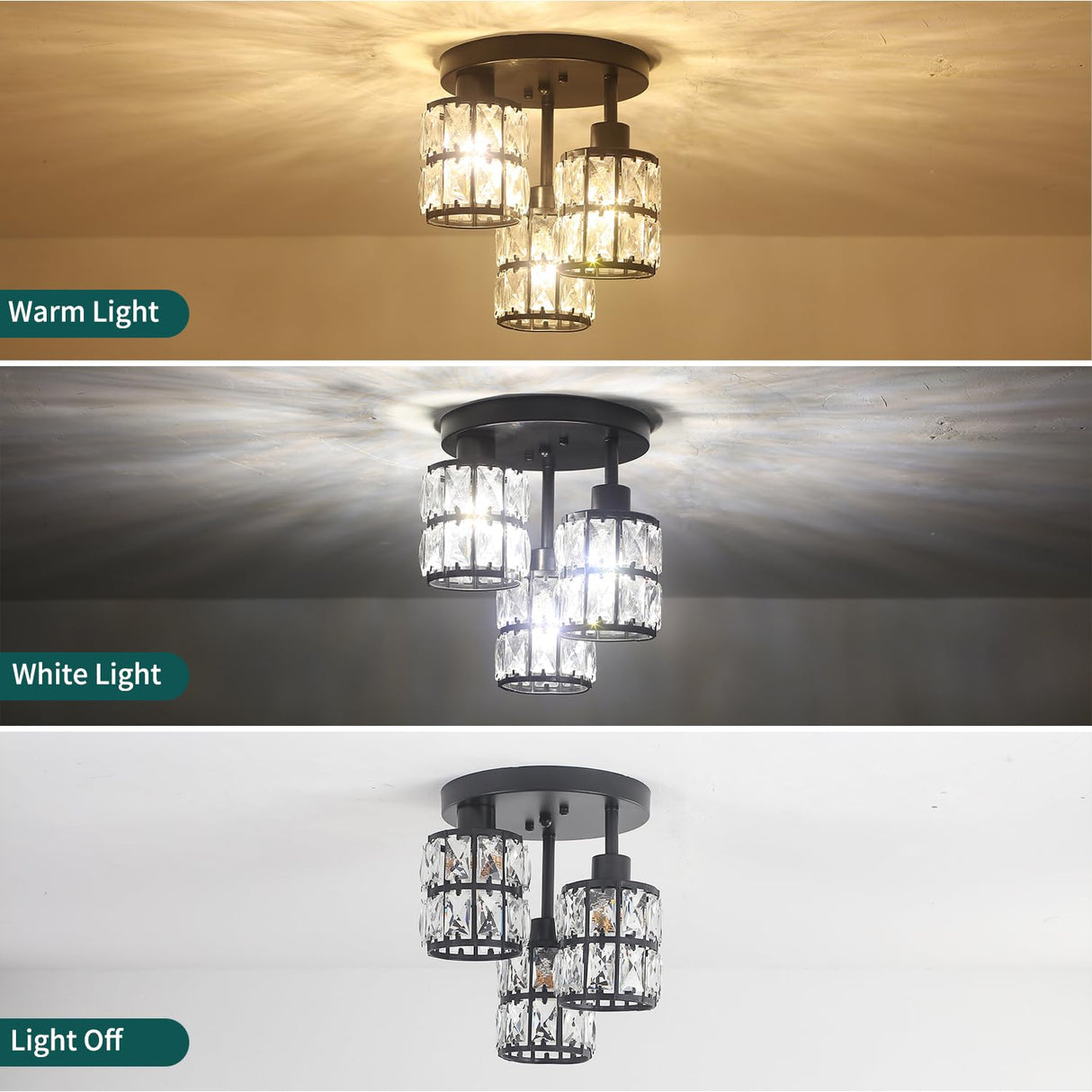 Semi Flush Mount Ceiling Light, 3-Light Close to Ceiling Light Fixture Black Small Crystal