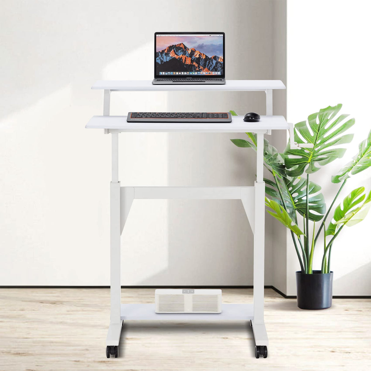 Crank Adjustable Height Desk, 2-Tier Mobile Sit-to-Stand, White Top/White Frame, Modern Design, 15.75x31.5in, 29.5-46.7in, 40lbs, 125lbs Capacity