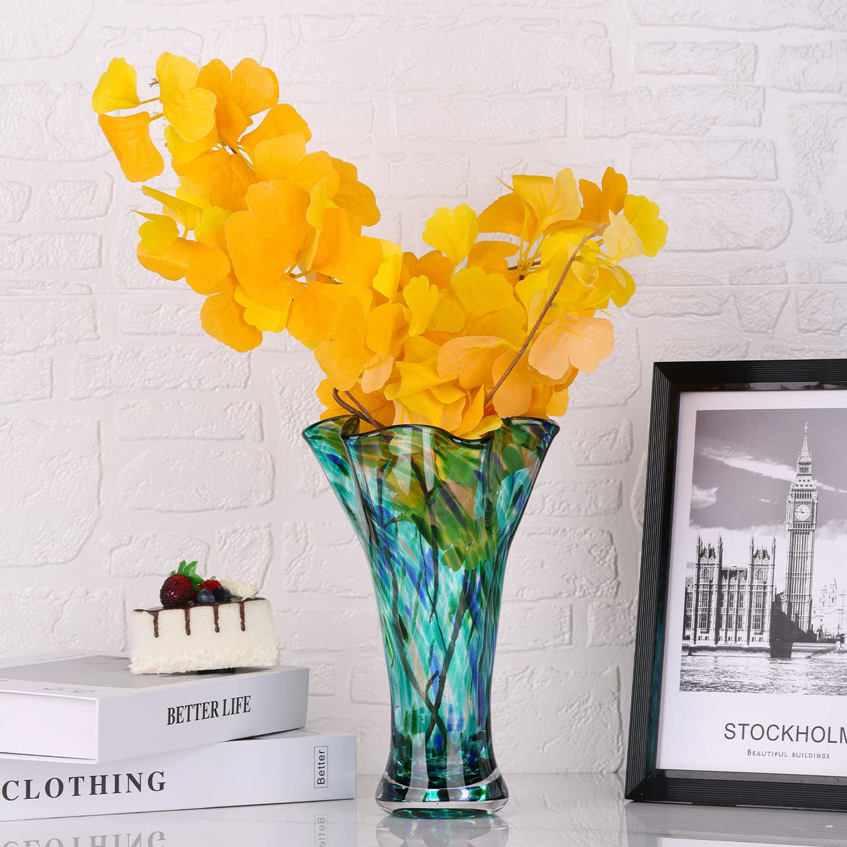 9.0" H Teal Glass Vases for Flowers, Hand Blow Glass Vase Teal Home Decor