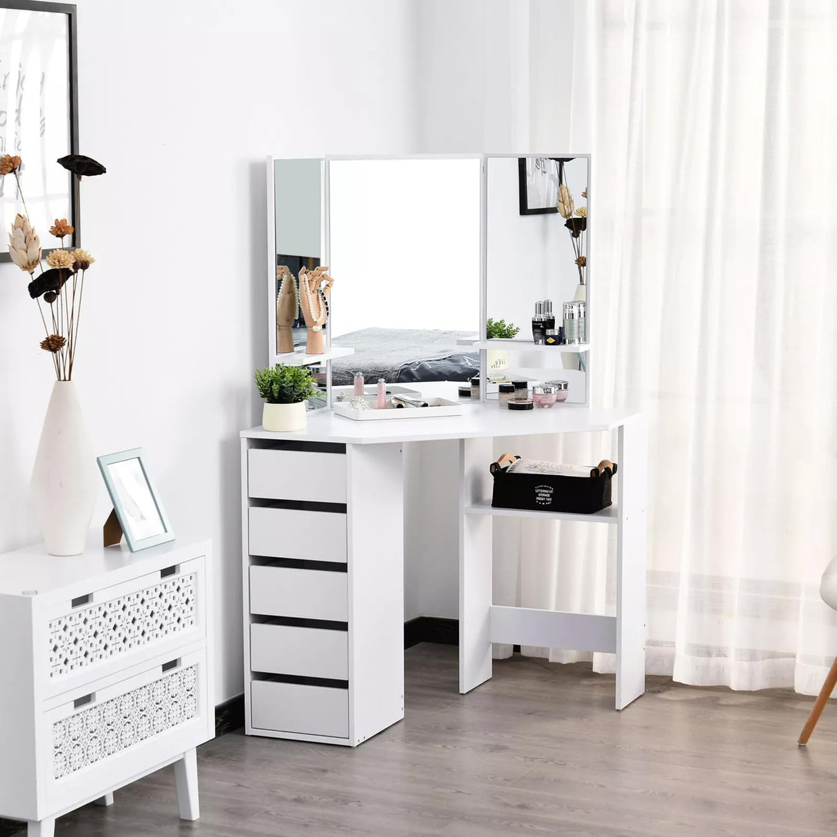 Desk with Mirror - White Makeup Table with 5 Sliding Drawers,Makeup Dressing Table