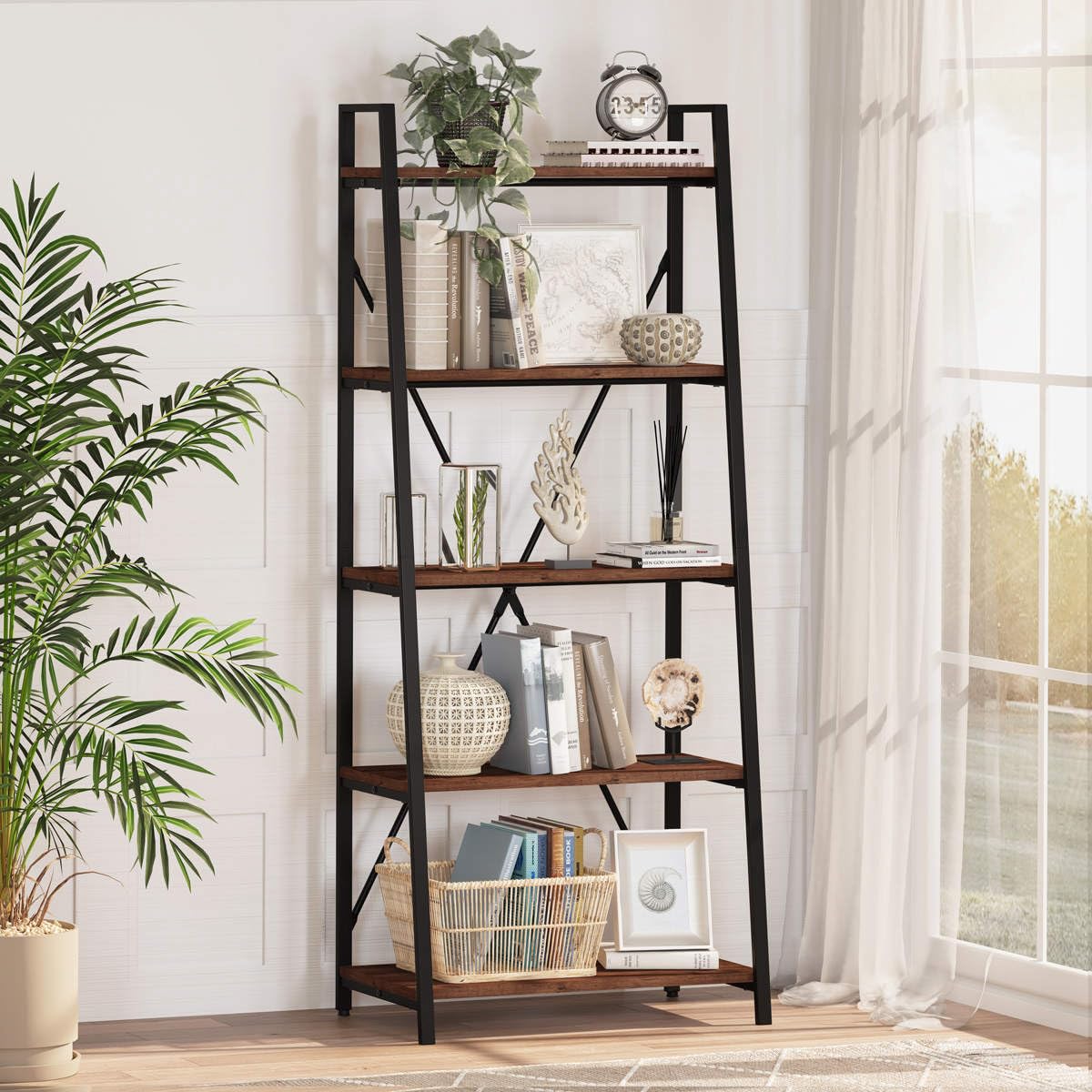 Ladder Shelf Bookcase, 5-Tier Industrial Ladder Bookshelf, Tall Living Room Shelves
