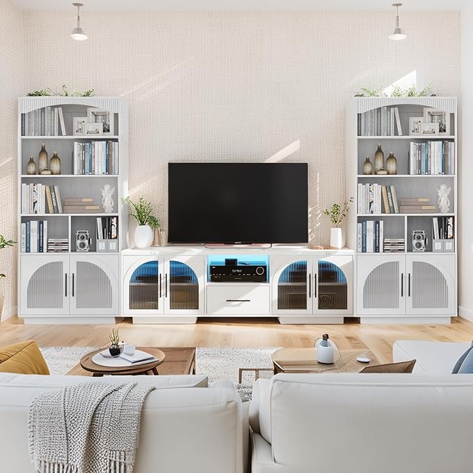 70" TV Stand for 80 Inch TVs, Entertainment Center with LED Lights and Arched Glass Doors