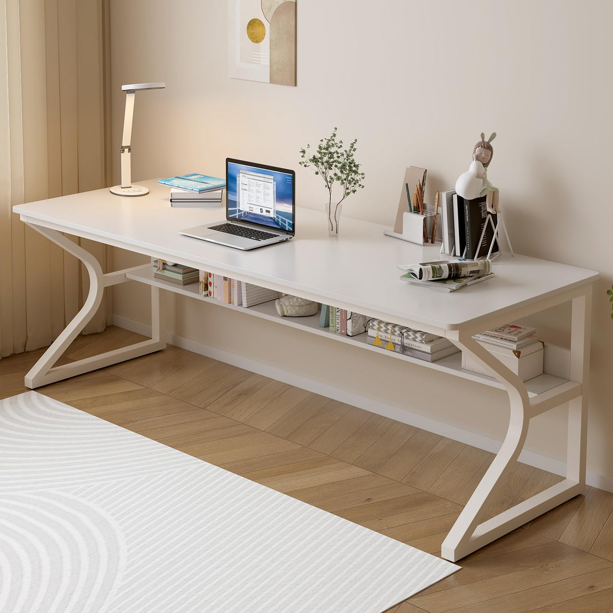 Extra Long Desk with Bookshelf - 71" Double Long Writing Table for 2-Person Workstation