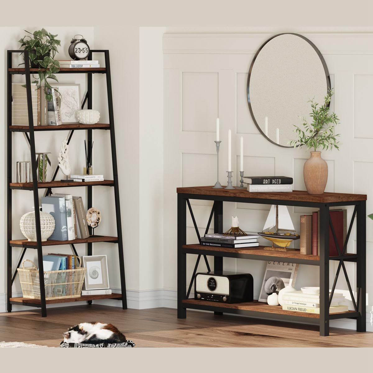 Ladder Shelf Bookcase, 5-Tier Industrial Ladder Bookshelf, Tall Living Room Shelves