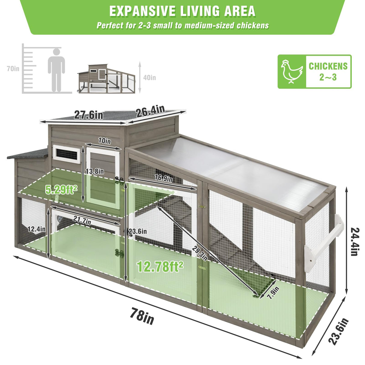 78" L Chicken Coop with Wheels Large Chicken House with Run Backyard Wooden Hen