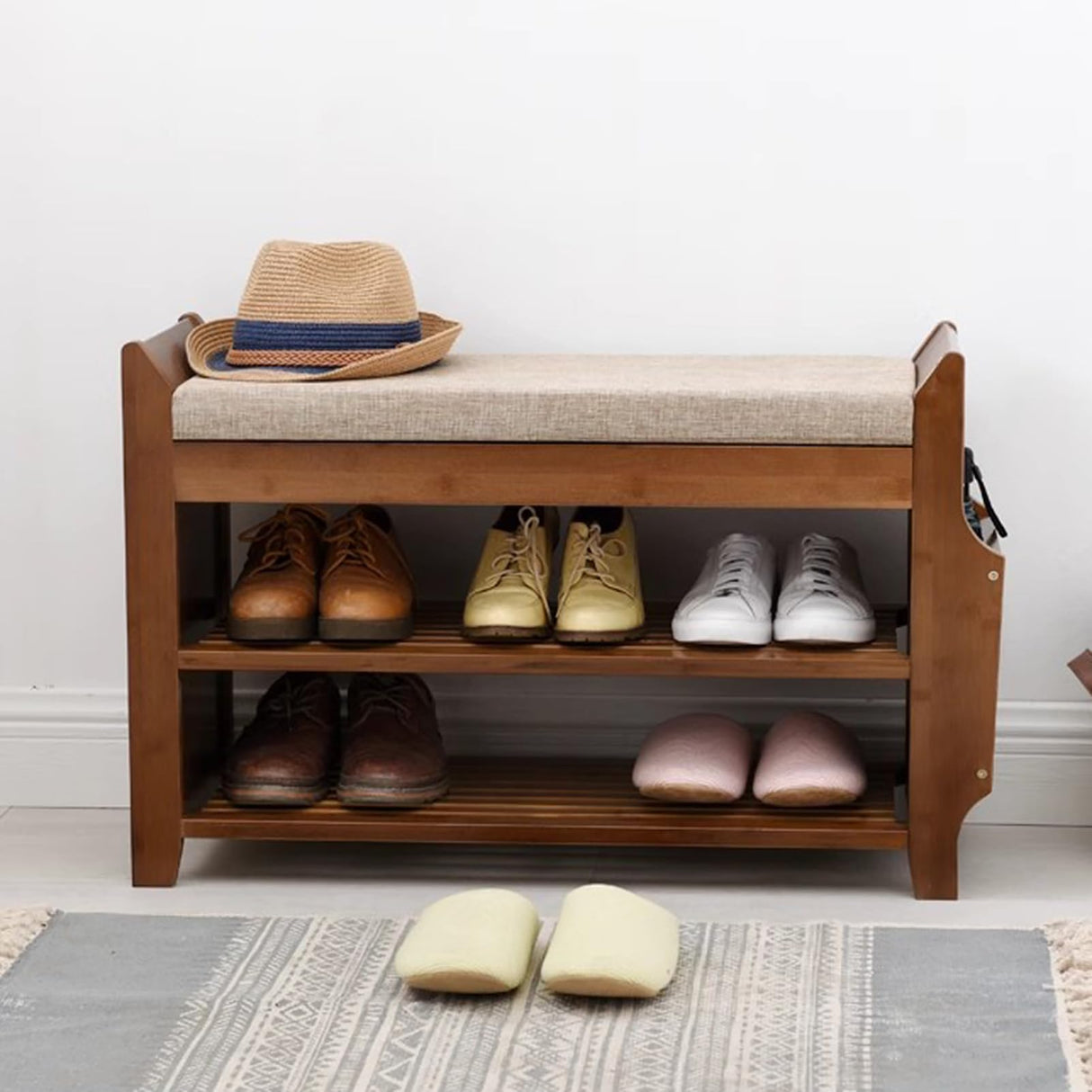 Bamboo Entryway Bench with Hidden Shoe Storage, Umbrella Hook