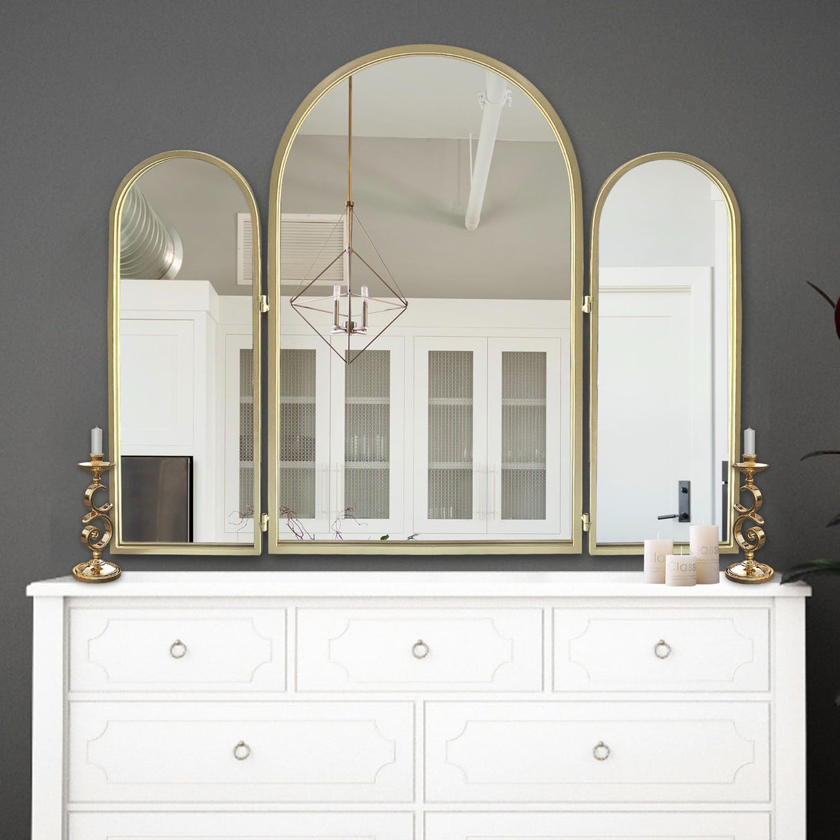 Trifold Vanity Mirror 3-Way Adjustable 30x37 Inch - Champagne Gold Arch Wall Mounted